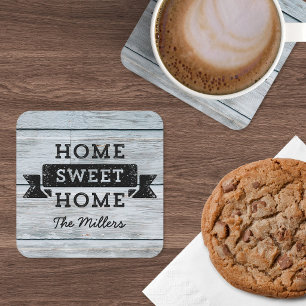 Personalize Name Rustic Home Sweet Home Pale Wood Square Paper Coaster