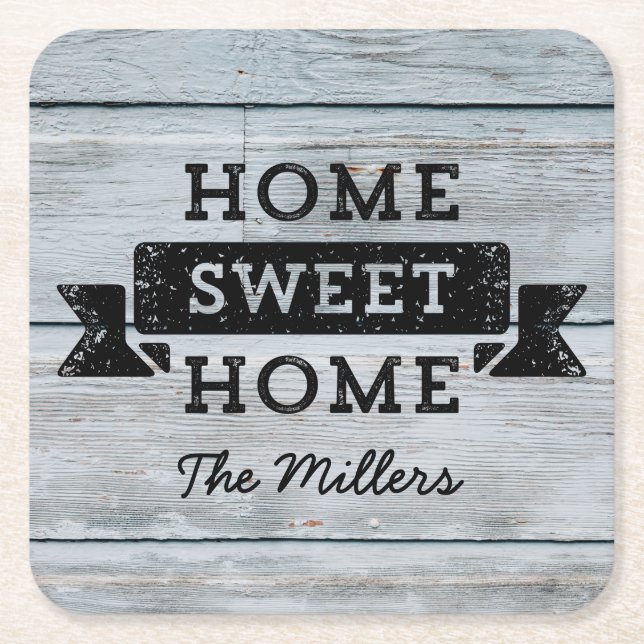 Personalize Name Rustic Home Sweet Home Pale Wood Square Paper Coaster (Front)