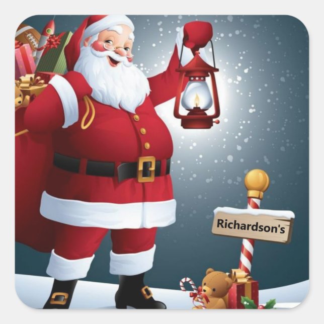 Personalize Name Santa Claus Christmas Card Square Sticker (Front)