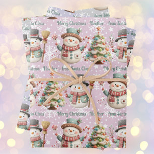 Personalize  Name Snowman Pastel Colours Christmas Wrapping Paper Sheet