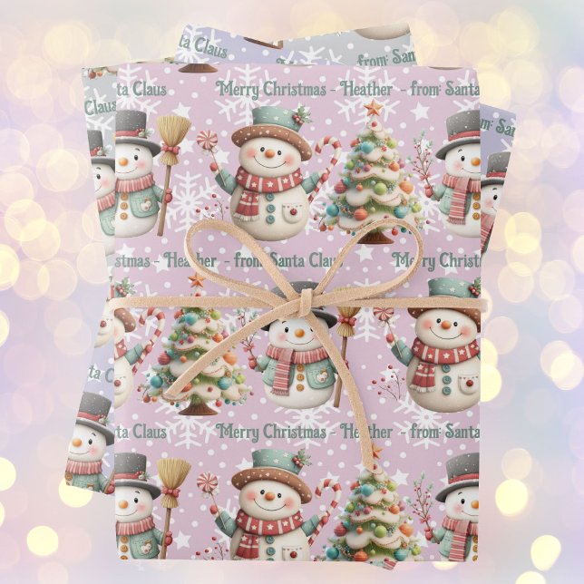 Personalize  Name Snowman Pastel Colours Christmas Wrapping Paper Sheet (Creator Uploaded)
