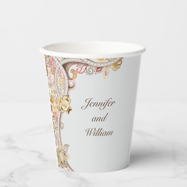 Personalize Name Sophisticated Floral Wedding Paper Cups (Front)