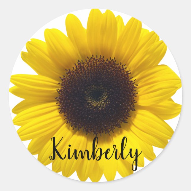 Personalize Name Sunflower Label Round Sticker (Front)