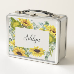 Personalize Name Sunflower Script Font Metal Lunch Box