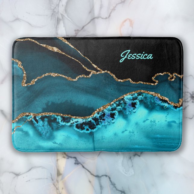 Personalize Name Teal Script on Black/Teal Agate Bath Mat (Creator Uploaded)