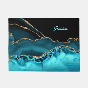 Personalize Name Teal Script on Black/Teal Agate Doormat