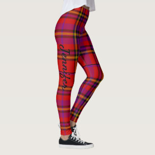 Personalize Name Text Red Tartan Plaid Leggings