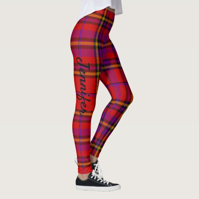 Personalize Name Text Red Tartan Plaid Leggings (Right)