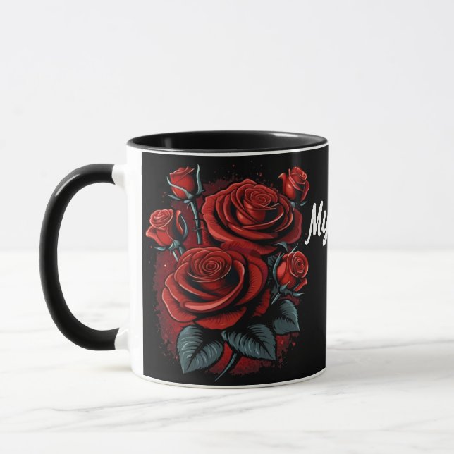 Personalize Name Text Stunning Red Roses Love Mug (Left)