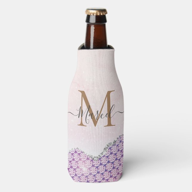 Personalize Name Trendy Pink Purple Silver Agate Bottle Cooler (Bottle Front)
