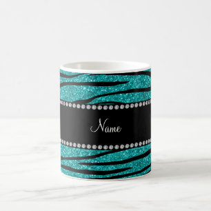 Personalize name turquoise glitter zebra stripes coffee mug
