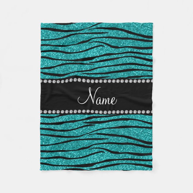 Personalize name turquoise glitter zebra stripes fleece blanket (Front)