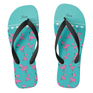 Personalize name turquoise pink flamingos flip flops