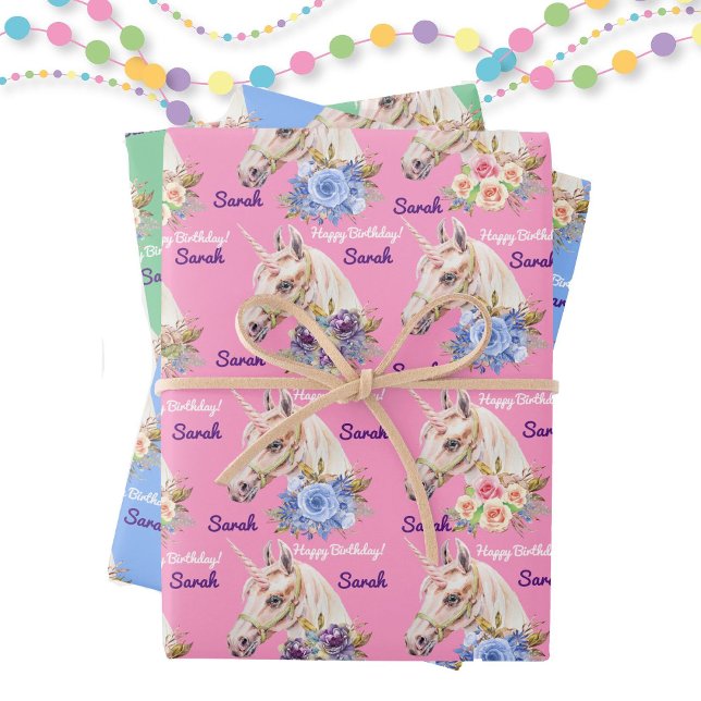 Personalize Name Unicorn Girl's Birthday Party Wrapping Paper Sheet (Creator Uploaded)