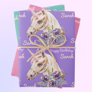 Personalize Name Unicorn Girl's Birthday Party Wrapping Paper Sheet