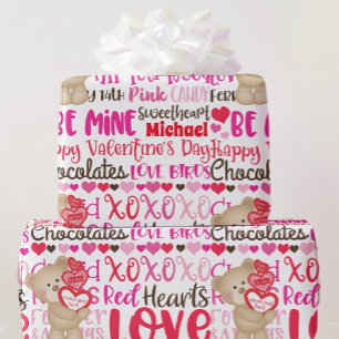 Personalize Name Valentines Day Teddy Bear Hearts Wrapping Paper