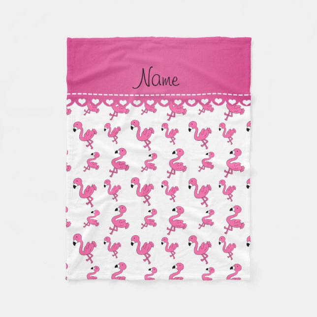Personalize name white pink flamingos fleece blanket (Front)