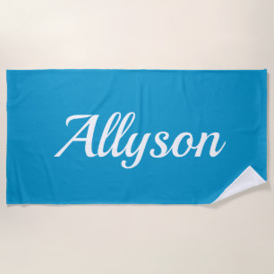 Personalize Name, White Script / Blue Beach Towel