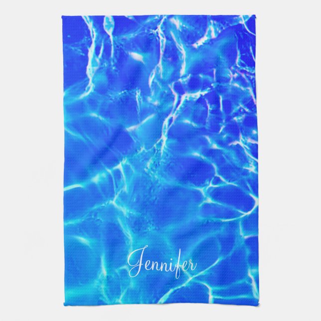 Personalize Name, White Script, Blue Pool Water Kitchen Towel (Vertical)