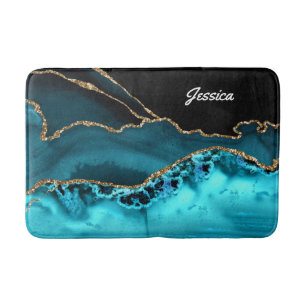 Personalize Name White Script on Black/Teal Agate Bath Mat
