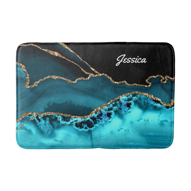 Personalize Name White Script on Black/Teal Agate Bath Mat (Front)