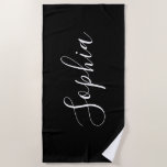Personalize Name White Script Vertical, Black Beach Towel<br><div class="desc">Personalize your Name vertically In white Script Text on Black background. Click “Edit Using Design Tool” to change colours and type styles.</div>