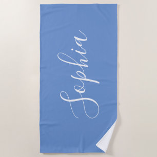 Personalize Name White Script Vertical, Blue Beach Towel