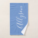 Personalize Name White Script Vertical, Blue Hand Towel<br><div class="desc">Personalize your Name vertically In white Script Text on Blue background. Click “Edit Using Design Tool” to change colours and type styles.</div>