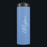 Personalize Name White Script Vertical, Blue Thermal Tumbler<br><div class="desc">Personalize your Name vertically In white Script Text on Blue background. Click “Customize” to change colours and type styles.</div>