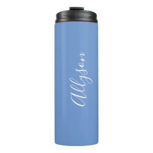 Personalize Name White Script Vertical, Blue Thermal Tumbler