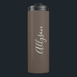 Personalize Name White Script Vertical, Chocolate Thermal Tumbler<br><div class="desc">Personalize your Name vertically In white Script Text on chocolate background. Click “Customize” to change colours and type styles.</div>