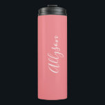 Personalize Name White Script Vertical Coral Thermal Tumbler<br><div class="desc">Personalize your Name vertically In white Script Text on Coral background. Click “Customize” to change colours and type styles.</div>