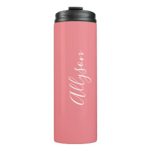Personalize Name White Script Vertical Coral Thermal Tumbler