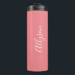 Personalize Name White Script Vertical, Coral Thermal Tumbler<br><div class="desc">Personalize your Name vertically In white Script Text on Coral background. Click “Customize” to change colours and type styles.</div>