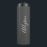 Personalize Name White Script Vertical, Dark Grey Thermal Tumbler<br><div class="desc">Personalize your Name vertically In white Script Text on Dark Grey background. Click “Customize” to change colours and type styles.</div>