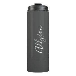 Personalize Name White Script Vertical, Dark Grey Thermal Tumbler