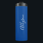 Personalize Name White Script Vertical, Deep Blue Thermal Tumbler<br><div class="desc">Personalize your Name vertically In white Script Text on Deep Blue background. Click “Edit Using Design Tool” to change colours and type styles.</div>