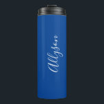 Personalize Name White Script Vertical, Deep Blue Thermal Tumbler<br><div class="desc">Personalize your Name vertically In white Script Text on Deep Blue background. Click “Edit Using Design Tool” to change colours and type styles.</div>