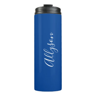 Personalize Name White Script Vertical, Deep Blue Thermal Tumbler