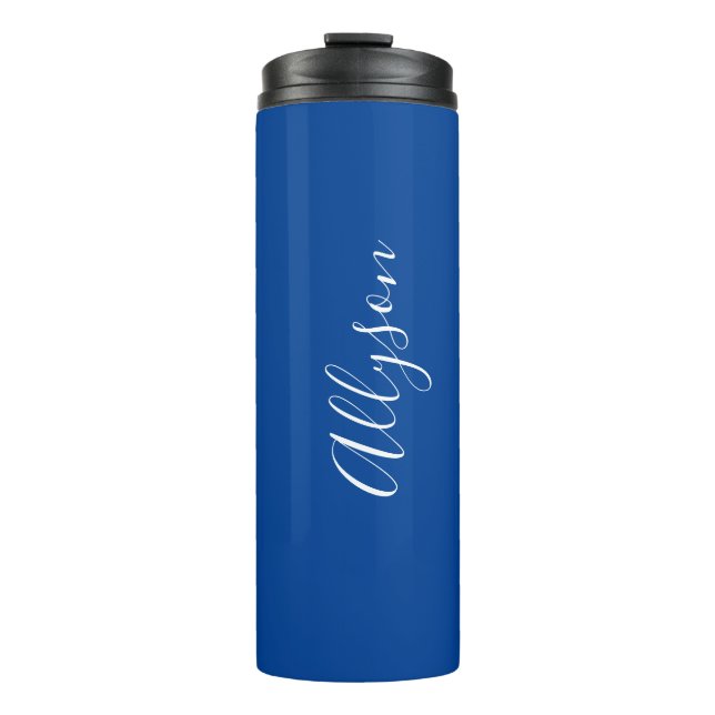Personalize Name White Script Vertical, Deep Blue Thermal Tumbler (Front)