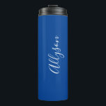 Personalize Name White Script Vertical, Deep Blue Thermal Tumbler<br><div class="desc">Personalize your Name vertically In white Script Text on Deep Blue background. Click “Customize” to change colours and type styles.</div>