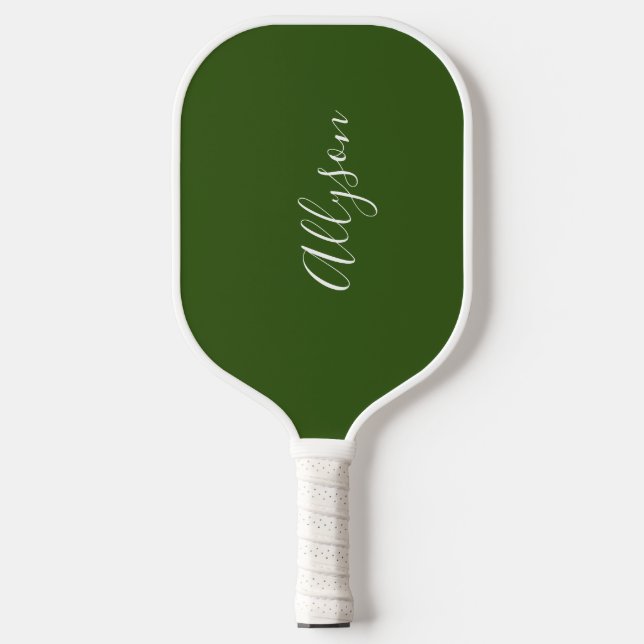 Personalize Name White Script Vertical ForestGreen Pickleball Paddle (Front)
