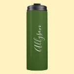 Personalize Name White Script Vertical ForestGreen Thermal Tumbler<br><div class="desc">Personalize your Name vertically In white Script Text on Forest Green background. Click “Customize” to change colours and type styles.</div>