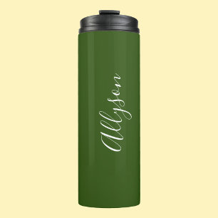 Personalize Name White Script Vertical ForestGreen Thermal Tumbler