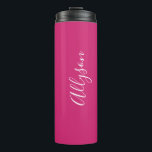 Personalize Name White Script Vertical, Fuchsia Thermal Tumbler<br><div class="desc">Personalize your Name vertically In white Script Text on Fuchsia background. Click “Customize” to change colours and type styles.</div>