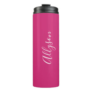 Personalize Name White Script Vertical, Fuchsia Thermal Tumbler