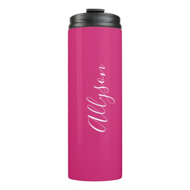 Personalize Name White Script Vertical, Fuchsia Thermal Tumbler (Front)