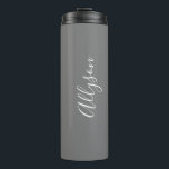 Personalize Name White Script Vertical, Grey Thermal Tumbler<br><div class="desc">Personalize your Name vertically In white Script Text on Grey background. Click “Customize” to change colours and type styles.</div>