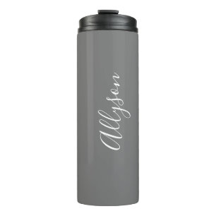 Personalize Name White Script Vertical, Grey Thermal Tumbler