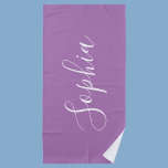 Personalize Name White Script Vertical, Lavender Beach Towel<br><div class="desc">Personalize your Name vertically In white Script Text on Lavender background. Click “Edit Using Design Tool” to change colours and type styles.</div>